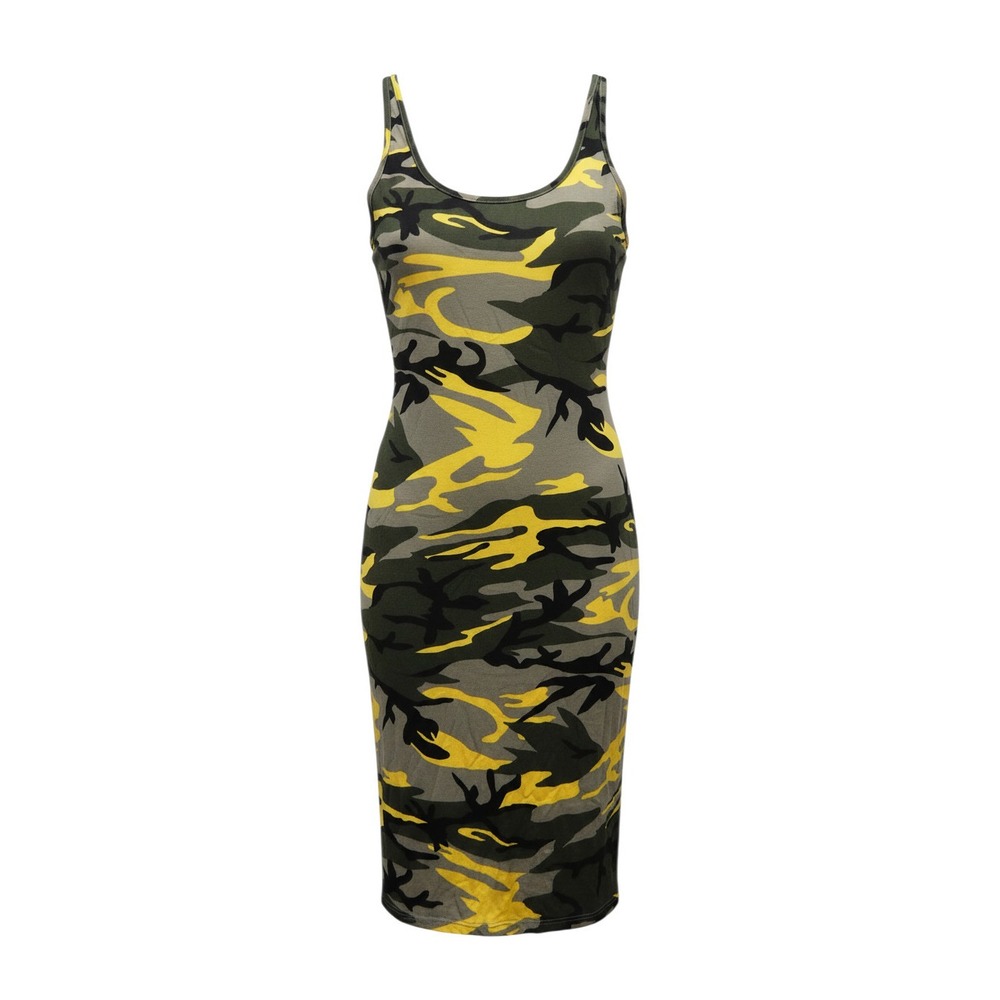 La Gypsy Midi Tank Dress Womens Small Yellow Camo Bodycon Sleeveless LD145